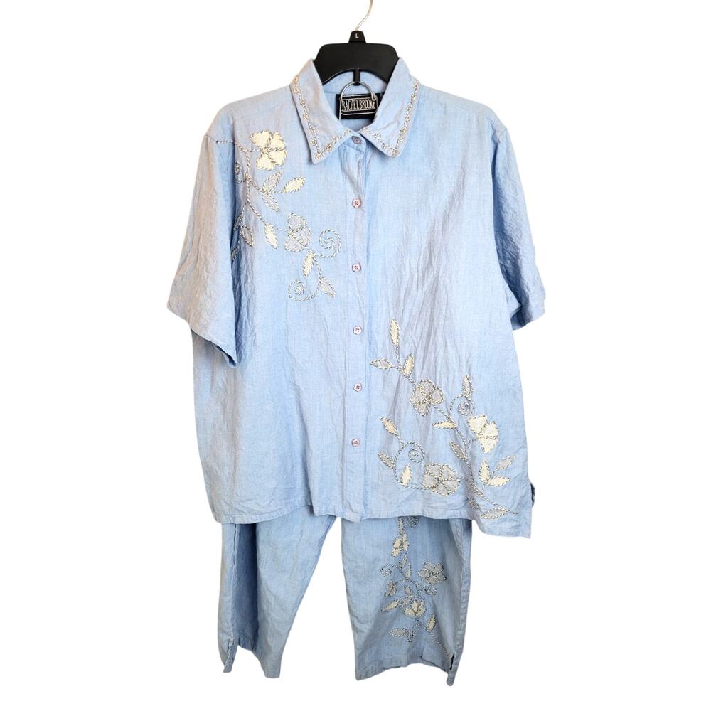 VTG Rachel Brooke Blue Chambray Embroidered Floral Shirt & Pants Women's Size 2X